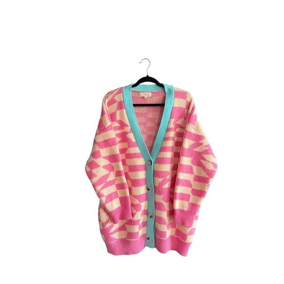 Listicle Sweaters - Listicle Womens Pink Blue Geometric Retro Button Front Oversized Cardigan Medium
